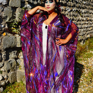 Purple Sheer Sequinned patterened Kimono Robe