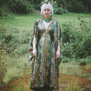 Fuzzy Eyelash Sequin Greens, golds Iridescent wave pattern kaftan Gown