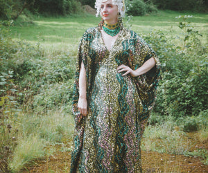 Fuzzy Eyelash Sequin Greens, golds Iridescent wave pattern kaftan Gown