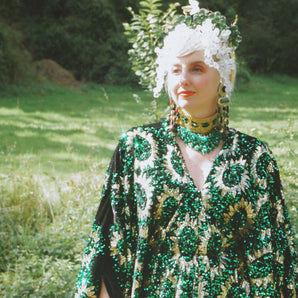 Deluxe Velvet Gold Sunburst Green Sequin Kaftan Gown, Freesize