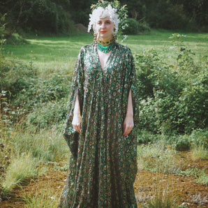 Peacock Green patterned and Iridescent kaftan Gown