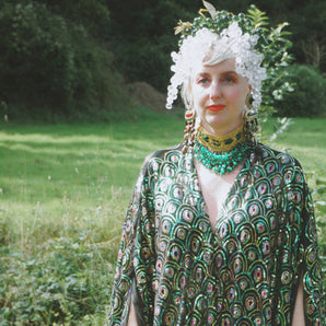 Peacock Green patterned and Iridescent kaftan Gown