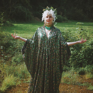 Peacock sequin Green patterned and Iridescent kaftan Gown