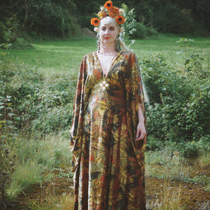 Opulent Velvet Autumnal Jungle Print Kaftan Gown, Freesize