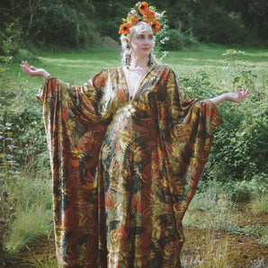 Opulent Velvet Autumnal Jungle Print Kaftan Gown, Freesize