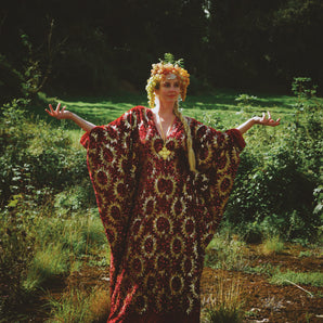 Deluxe Velvet Gold Sunburst Scarlet Sequin Kaftan Gown, Freesize