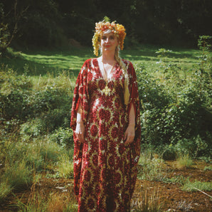 Deluxe Velvet Gold Sunburst Scarlet Sequin Kaftan Gown, Freesize