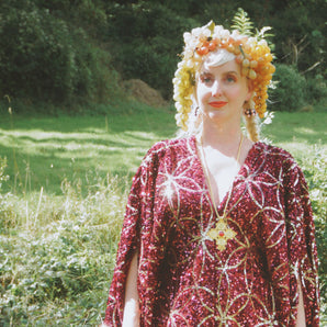 Deluxe Scarlet Velvet Gold Sequin Starburst Kaftan Gown, Freesize