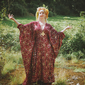 Deluxe Scarlet Velvet Gold Sequin Starburst Kaftan Gown, Freesize