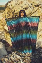 Load image into Gallery viewer, Siren Sequins - holographic yellow, glittered turquoise blue, black petrol holographic and bronzed red - - ROUND Neck
