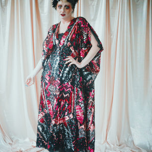 No.47 She Bop - V-Neck Style - pink and black sequin kaftan gown