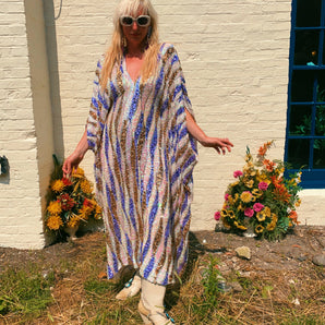 Wavy Sequin V-Neck Kaftan Gown
