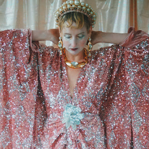 Pink Lady - Pink velvet with silver sequins batwing Kaftan Gown