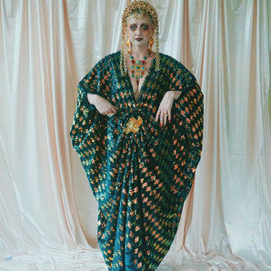 No.29 iridescent dynasty - Batwing Plunge Kaftan Ruched Dress