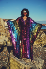 Load image into Gallery viewer, Siren Sequins - sequins in magenta pink, Gold, turquoise blue and ruby red - V-neck
