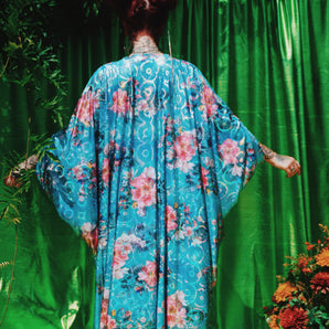 Aqua Blue Crush Foil V-Neck Kaftan Gown