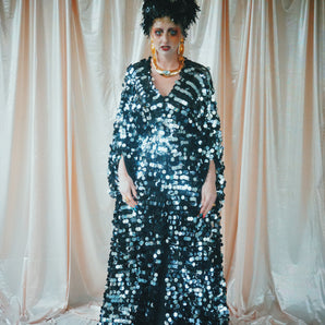 No.45 Disco Diva - silver and black mirror disc sequin kaftan gown