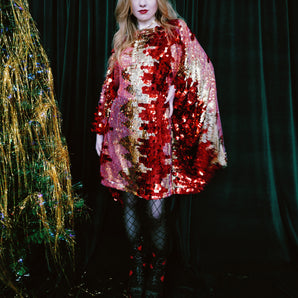 Red, Gold & Pink Festive Fever Sequin Mini Kaftan