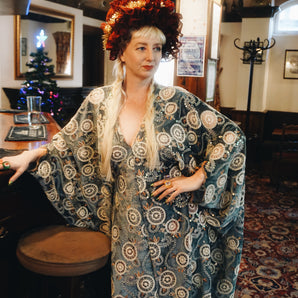 Beautiful velvet lace with sequins and pattered crochet lace - Pewter Grey Circles