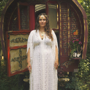 White Lace of Destiny V Neck Kaftan Gown, Freesize