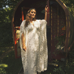 Moonrise White Lace V Neck Kaftan Gown, Freesize