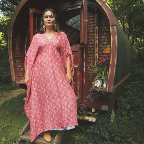 Fireflower Print V Neck Kaftan Gown, Freesize