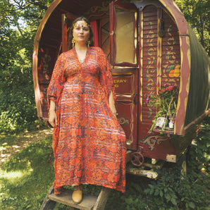Caravan Flame Lace V-Neck Kaftan Gown, Freesize