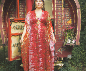 Red Oracle Sequin V Neck Kaftan Gown, Freesize
