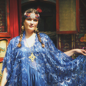 Midnight Seer Shimmering Royal Blue Fringe Sequin V Neck Kimono Robe, Freesize