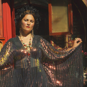 Celestial Ripple Sheer V-Neck Kaftan Gown