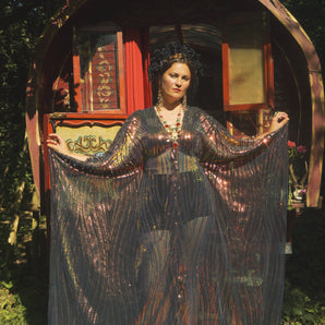 Celestial Ripple Sheer V-Neck Kaftan Gown
