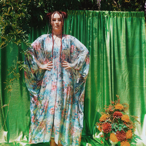 Island Bloom Foil V-Neck Kaftan Gown Silver