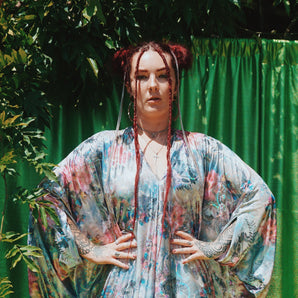 Island Bloom Foil V-Neck Kaftan Gown Silver