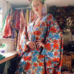 Floral Red Pink and Blue Kaftan Gown / Kimono Robe