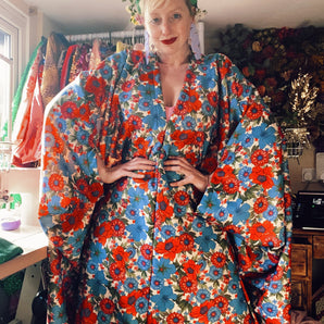 Floral Red Pink and Blue Kaftan Gown / Kimono Robe