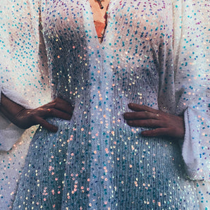 White Lurex Shimmering Iridescent Sequins Kaftan Gown / Kimono Robe