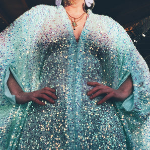 Mint Lurex Shimmering Iridescent Sequins Kaftan Gown / Kimono Robe