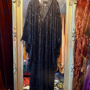 Black Fringe Sequin V-Neck Kaftan