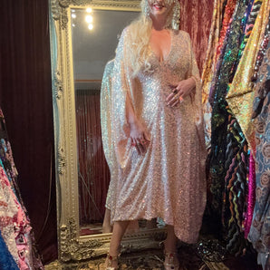 XMAS 25 OFF THE RAILS - luxe iridescent peach maxi -neck