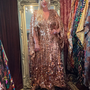 XMAS 25 OFF THE RAILS - chunky gold sequin mix - patterned lots of stretch v-neck maxi