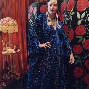 Midnight Blue and gold Sequin velvet V-Neck Kaftan Gown