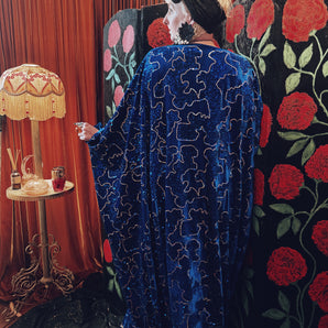 Midnight Blue and gold Sequin velvet V-Neck Kaftan Gown