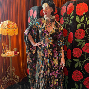 Celestial Blossom Pommegrate Green-Gold Sequin V-Neck Kaftan Gown