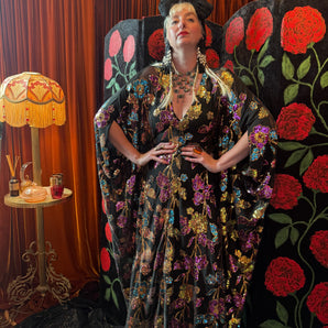 Celestial Blossom Pommegrate Green-Gold Sequin V-Neck Kaftan Gown