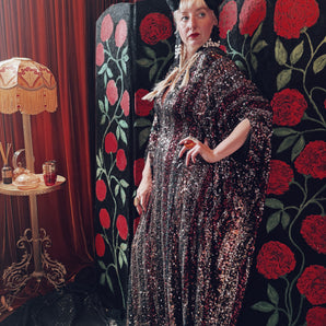Bronze, Burgundy Ombre Sequin V-Neck Kaftan Gown
