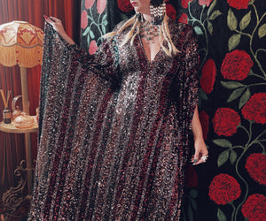 Ombre Bronze and Burgundy Sequin V Neck Kaftan Gown, Freesize