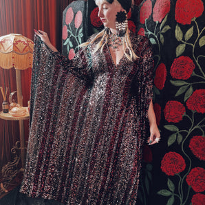 Bronze, Burgundy Ombre Sequin V-Neck Kaftan Gown