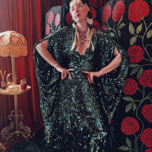 Emerald gemstone Sequin V-Neck Kaftan Gown