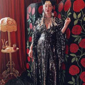 Silver Midnight Sequin V-Neck Kaftan Gown
