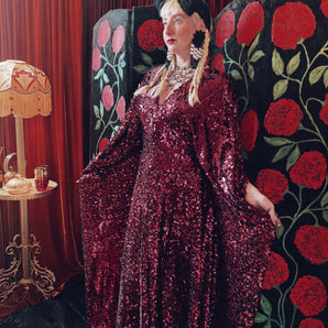 Crimson Wine Sequin V-Neck Kaftan Gown